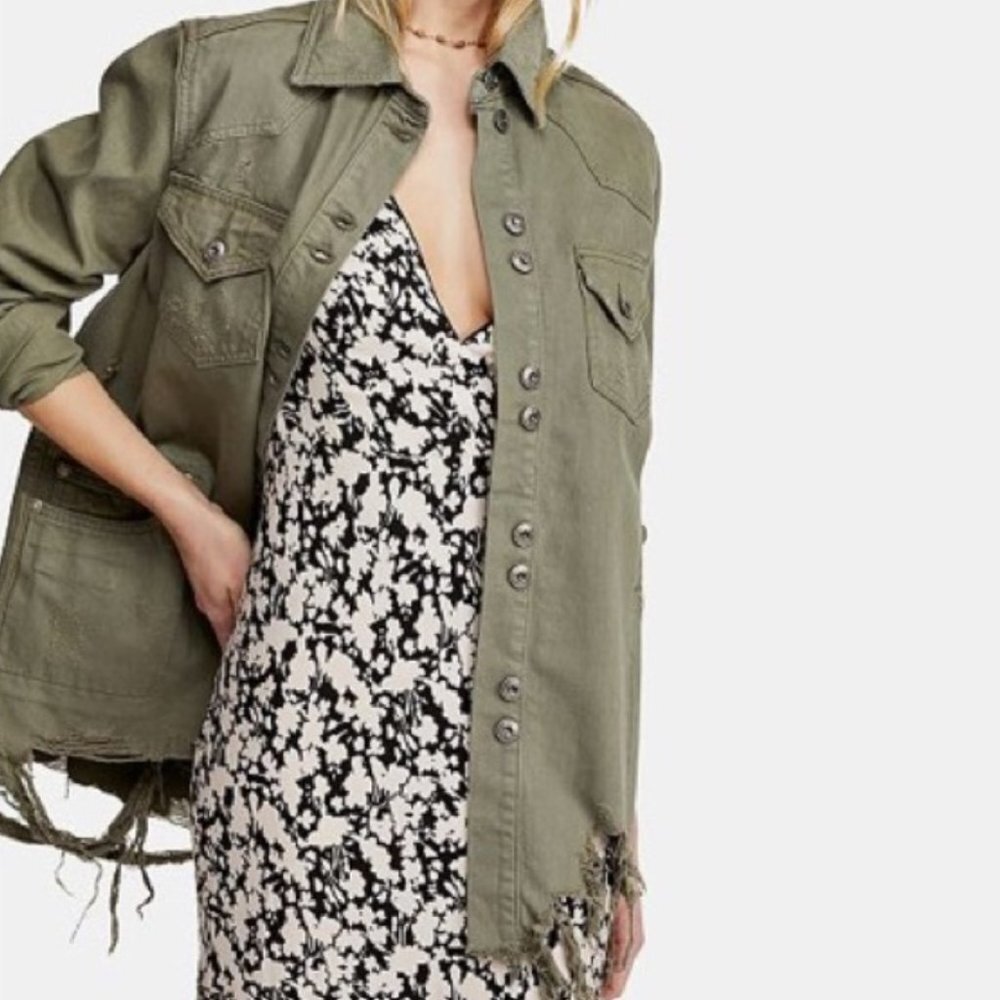 Free People Moonchild Denim Shirt Jacket Olive